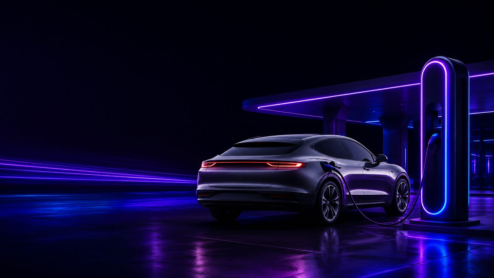 An electric car plugged into a charger under a violet neon canopy at night