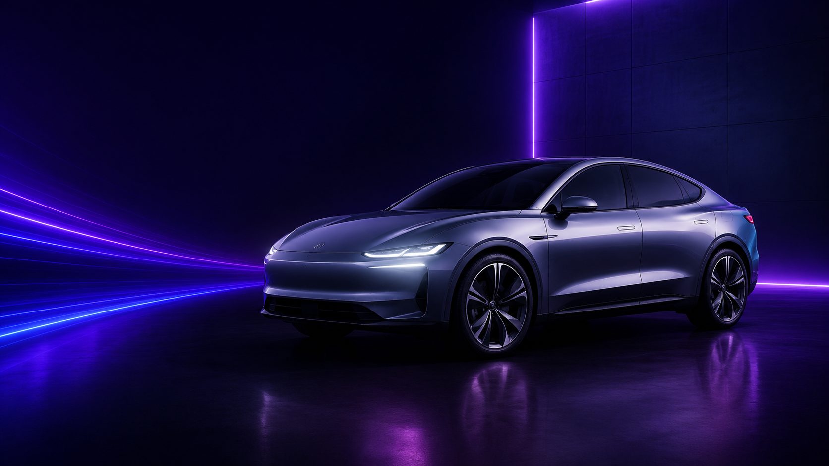 A silver electric car in front of a neon lit wall, blue light streaks curving past the front wheel
