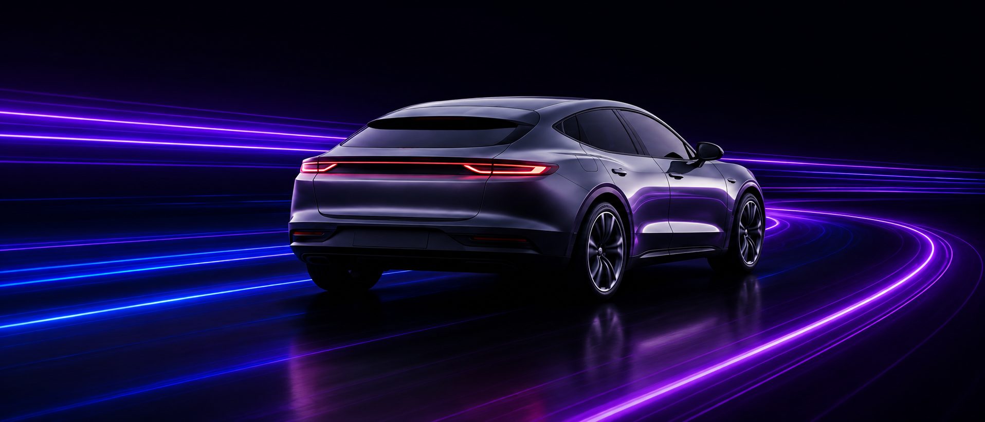 An electric car seen from behind on a dark road, violet and blue light streaks running past it